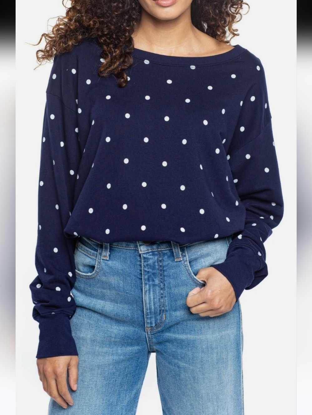 FOUND Denim Blue Polka Dot Sweatshirt XS French Girl Crewneck Casual Luxe Top - Picture 3 of 5